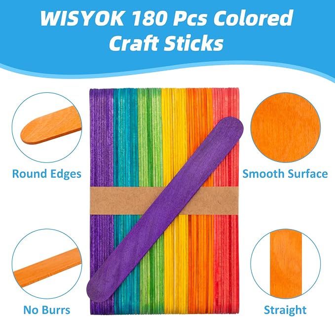 WISYOK 180 Pcs 6' Colored Jumbo Wooden Craft Sticks - Image 2