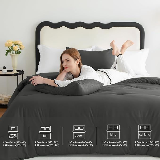 CozyLux Twin Comforter Set Dark Grey, 2 Pieces Twin Extra Long Solid Breathable - Image 6