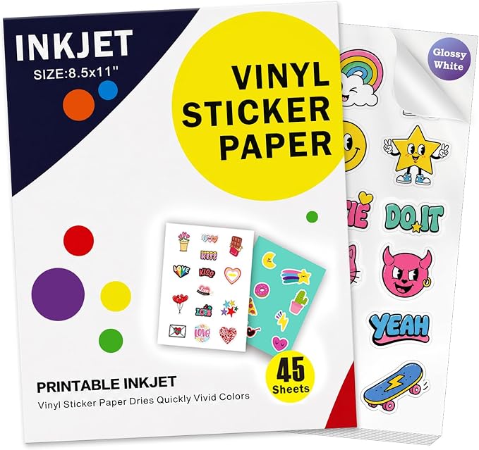 Aevdor 45-Sheet Glossy White Printable Vinyl Sticker Paper, Inkjet | Glossy by Aevdor