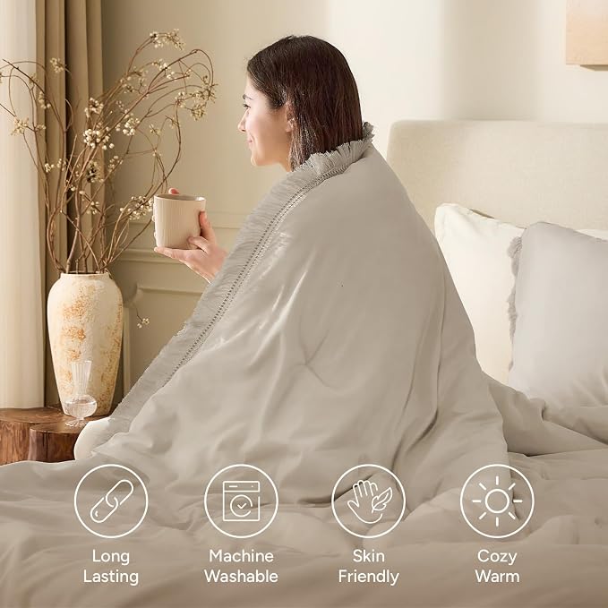 Andency Oatmeal Comforter Set Twin Size, 2 Pieces Boho Tassel Lightweight - Image 4