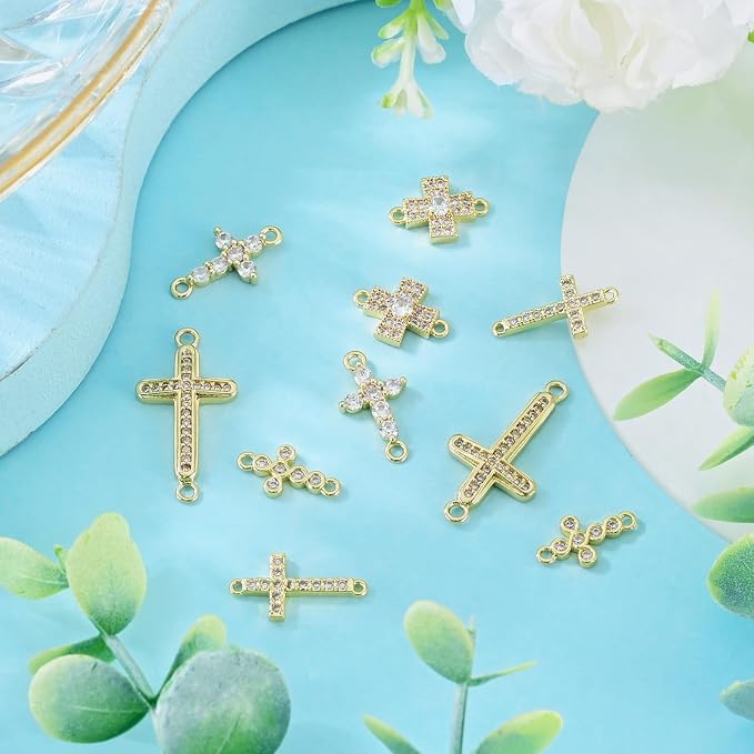 Cheriswelry 10pc Cubic Zirconia Cross Charms 18K Gold Plated Link Pendants | - Image 5
