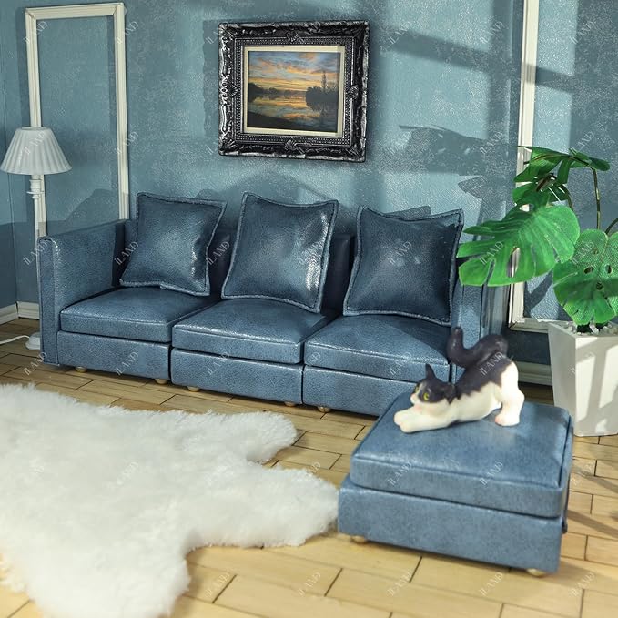 iLAND Dollhouse Furniture Sectional Dollhouse Couch Set Blue Faux Leather Sofa - Image 9
