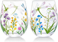 NymphFable Hand Painted Stemeless Wine Glass 18oz Set of 2 Dragonfly Flowers by NymphFable