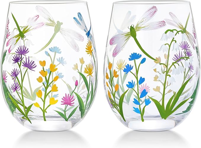 NymphFable Hand Painted Stemeless Wine Glass 18oz Set of 2 Dragonfly Flowers by NymphFable