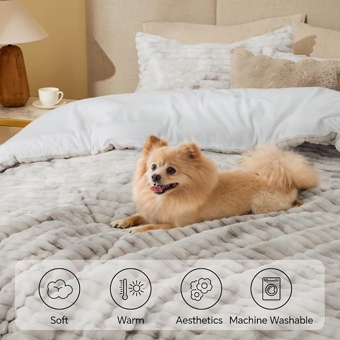 BEDELITE Fleece Twin Comforter Set -Super Soft & Warm Fluffy Grey&White Bedding - Image 3