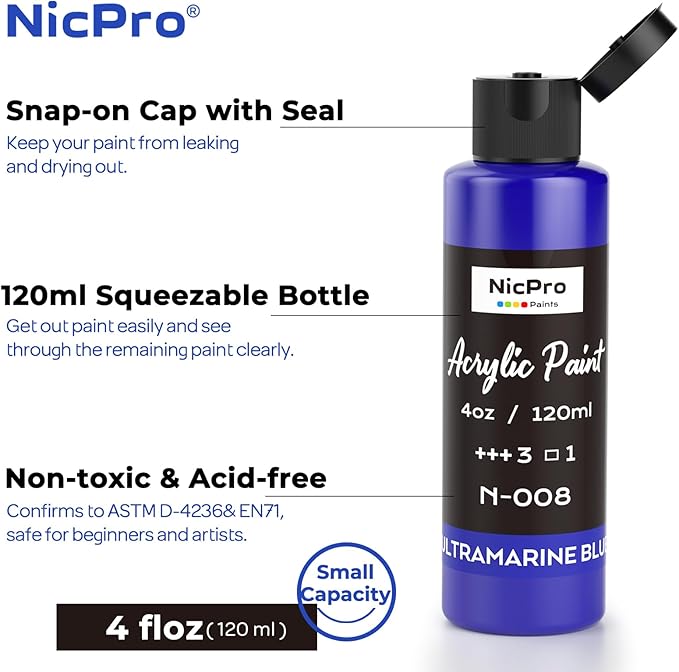 Nicpro 8 Primary Colors Acrylic Paint Set, Rich Pigment, Non Toxic Craft Paint - Image 3