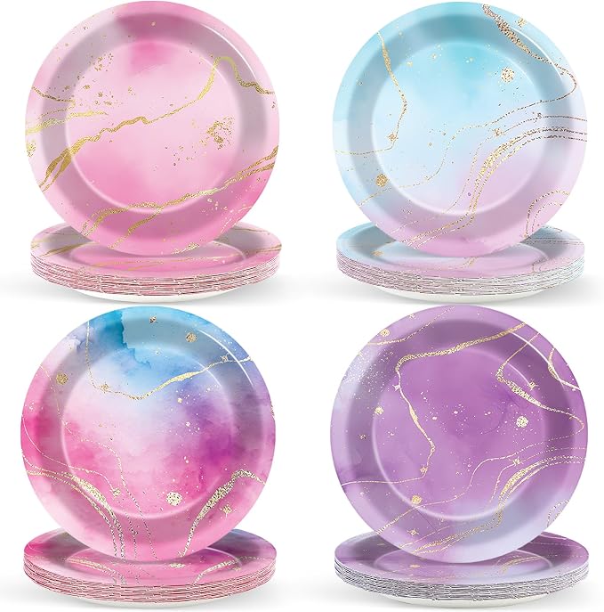 Lonfliness 48PCS Tie Dye Paper Plates 7inch Pink and Purple by Lonfliness