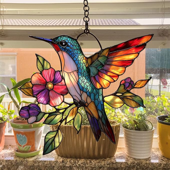 Flowers and Hummingbird Acrylic Suncatcher Stained Glass Effect Window Car - Image 4