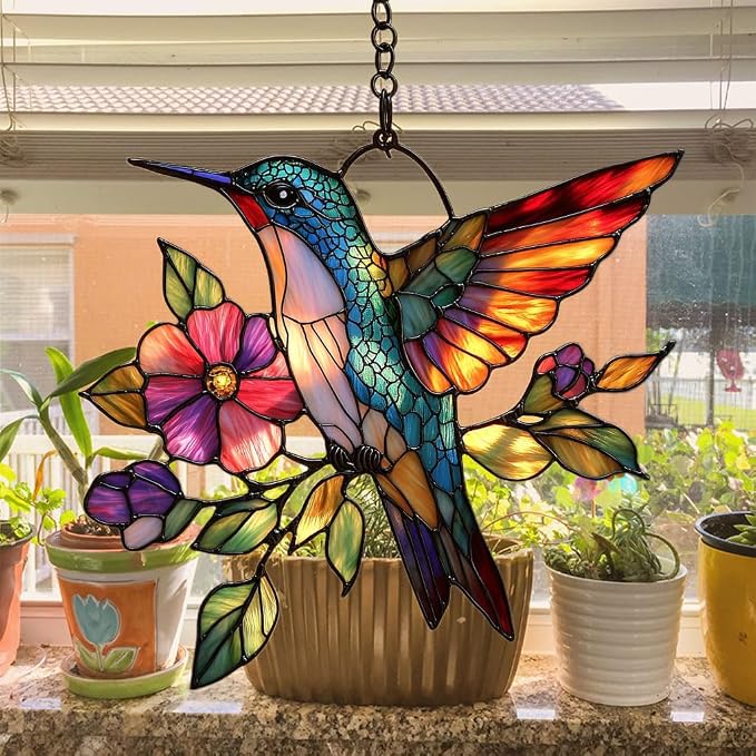 Flowers and Hummingbird Acrylic Suncatcher Stained Glass Effect Window Car - Image 4