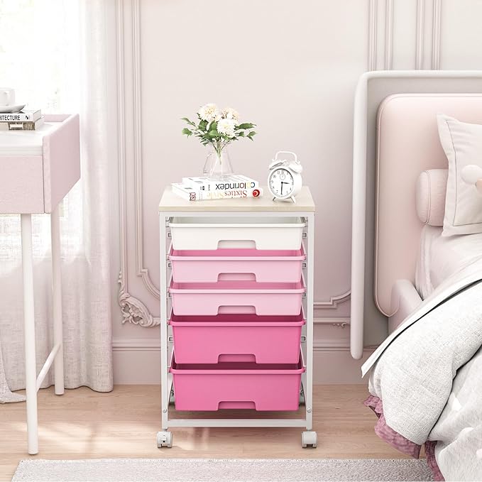 SYKIARIOL Utility Cart with 5 Drawers, Storage Drawer Cart with Wooden Tabletop - Image 2