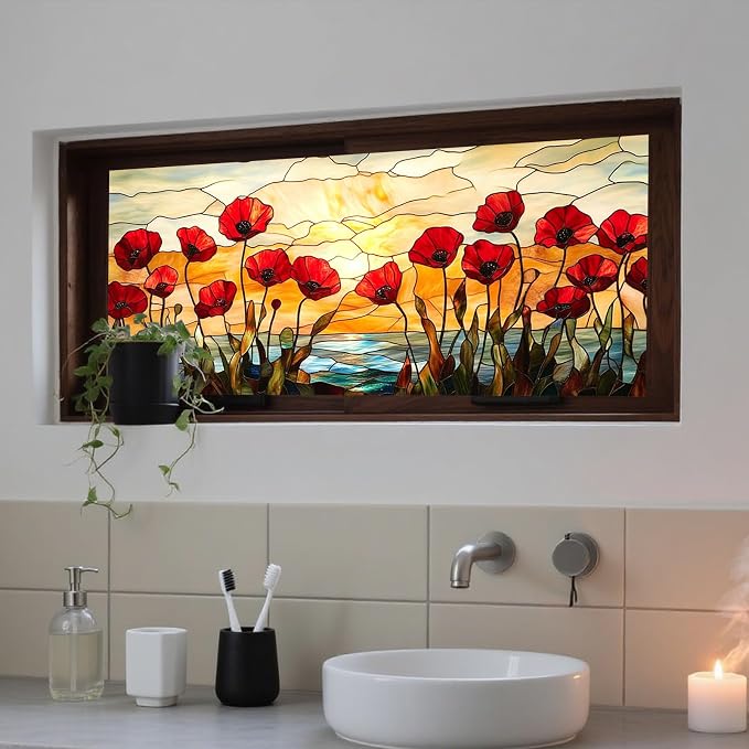 IVN Stained Glass Window Film 39.3x17.7 inch Poppy Flowers Window Privacy Film - Image 7