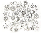 100 pcs Craft Supplies Mixed Antique Silver Sun Moon Stars Charms Pendants - Image 2