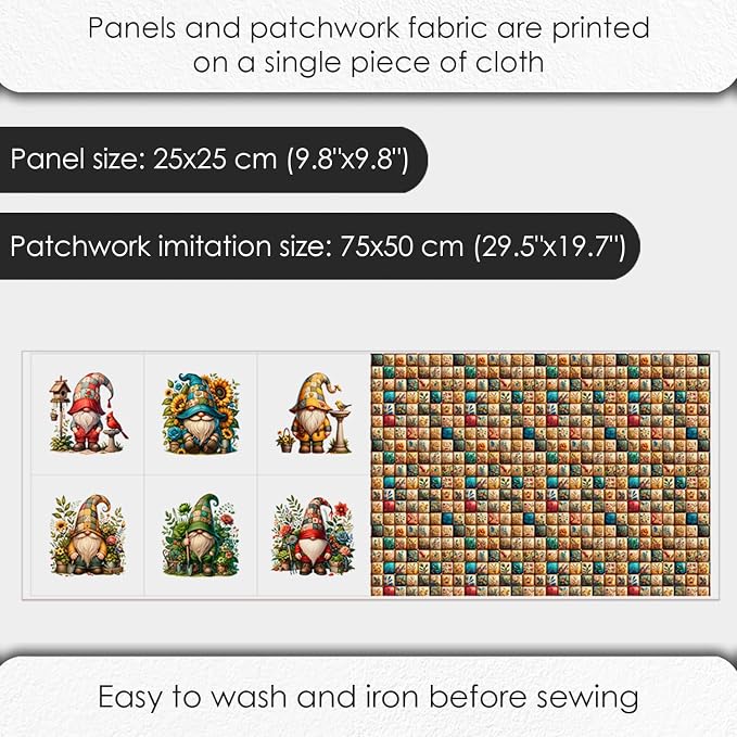 Gnome Patchwork Cotton Fabric Panel – 6 Designs 10×10 inch + Bonus Patchwork - Image 3
