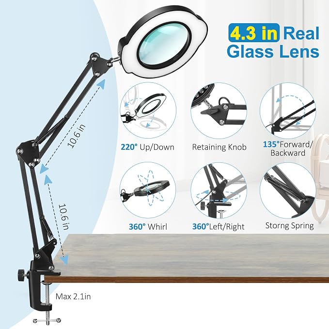 12X Magnifying Glass with Light and Stand, Upgrade Real Glass Magnifying lamp - Image 3