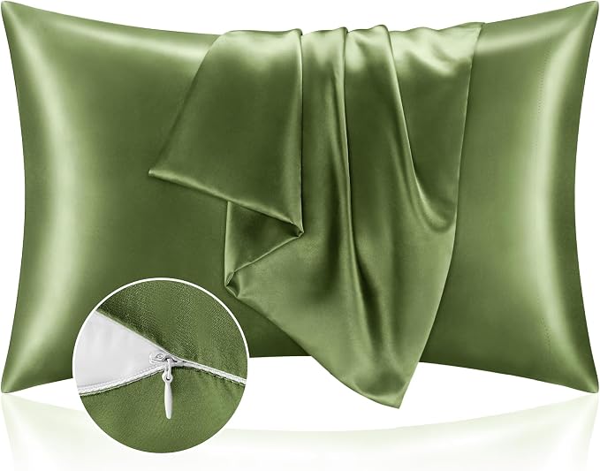 BEDELITE Satin Pillowcase with Zipper, Cedar Green Pillow Cases Queen Size Set by BEDELITE
