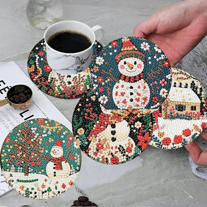 ijbnhd 8 PCS Diamond Art Coasters, Christmas Snowman Cork Wooden Pad | Diamond - Image 4