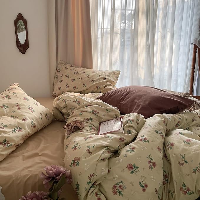 MKXI Yellowish Beige & Red Floral Duvet Cover Set Twin Size - Image 5
