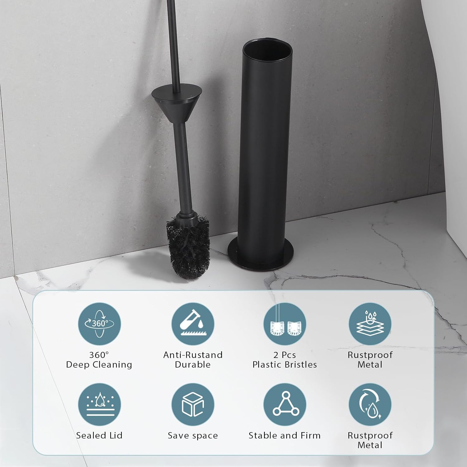 BGL Toilet Brush and Holder Set, Heavy Duty 304 Stainless Steel, Round Base and Long Handle for Bathroom Deep Cleaning, Drip-Proof, Space Saving for Storag, Black