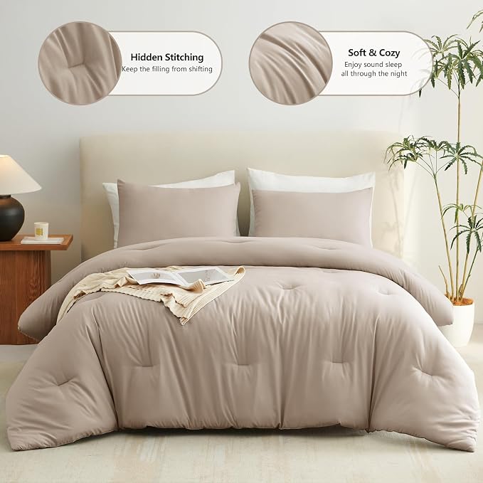CozyLux Full Size Comforter Set Wheat, 3 Pieces Solid Breathable Quilted - Image 2