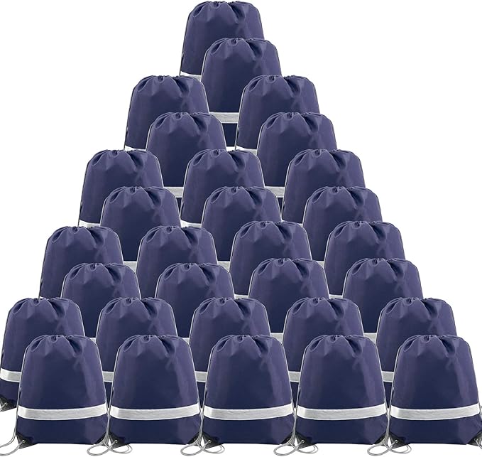 BeeGreen 30 Pieces Navy Blue Drawstring Backpacks Bulk, Reflective Gym String by BeeGreen