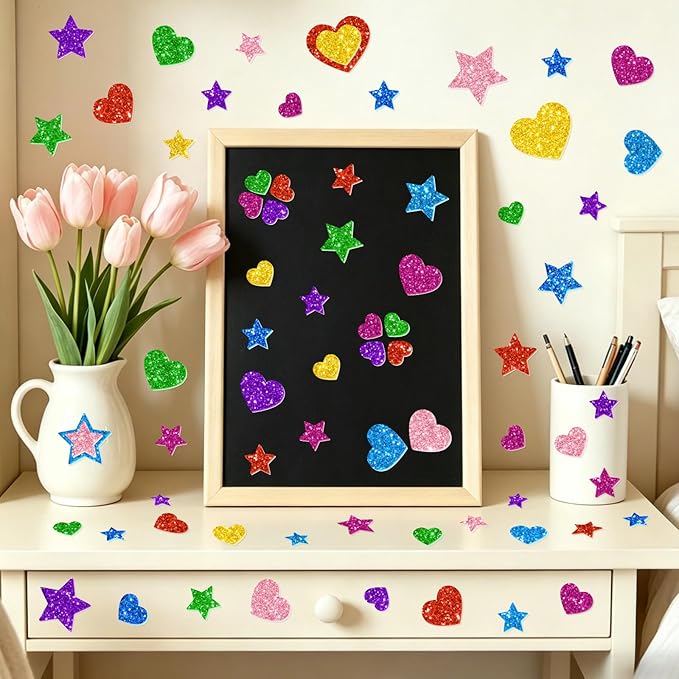 1000PCS Glitter Foam Stickers, Colorful Heart & Star Stickers, Self-Adhesive - Image 5