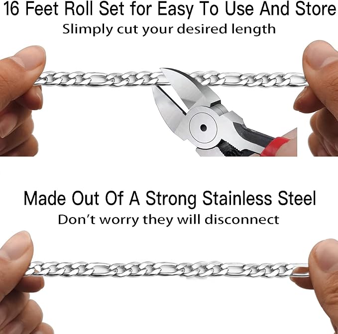 Jishi 16ft Figaro Chain Roll 6mm Silver Stainless Steel Necklace Chain - Image 7