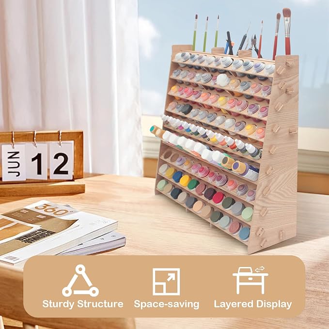 Extra Large Wooden 9-Tiers 99 Bottles' Capacity Wooden Paint Organizer & Paint - Image 9