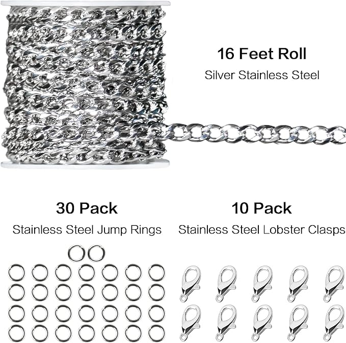 Jishi 16ft Cuban Link Chain Roll 6mm Silver Stainless Steel Necklace Chains - Image 2