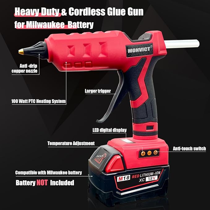 MONVICT 100W Cordless Glue Gun for Milwaukee 18V Battery, Upgraded Digital - Image 3