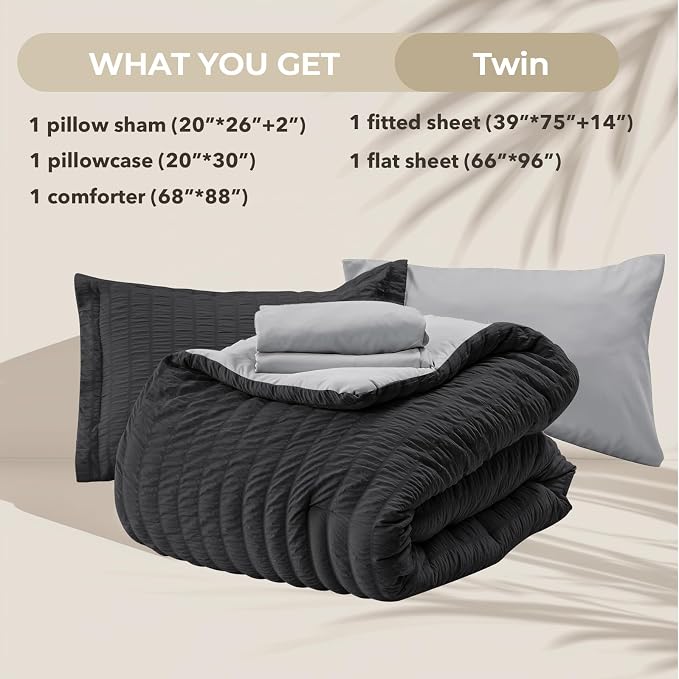 HYMOKEGE Black/Light Grey Twin Comforter Set Seersucker 5 Pieces, All Season - Image 5
