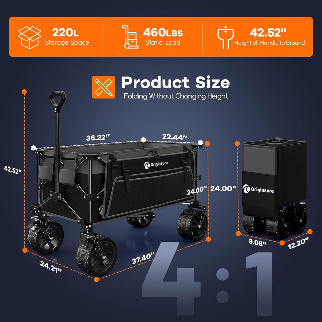 220L Collapsible Wagon Cart Foldable, 460lbs Load Capacity Heavy Duty Folding Beach Wagons with Big All-Terrain Wheels, Utility Carts for Groceries, Shopping, Camping, Sports - Grey&Black