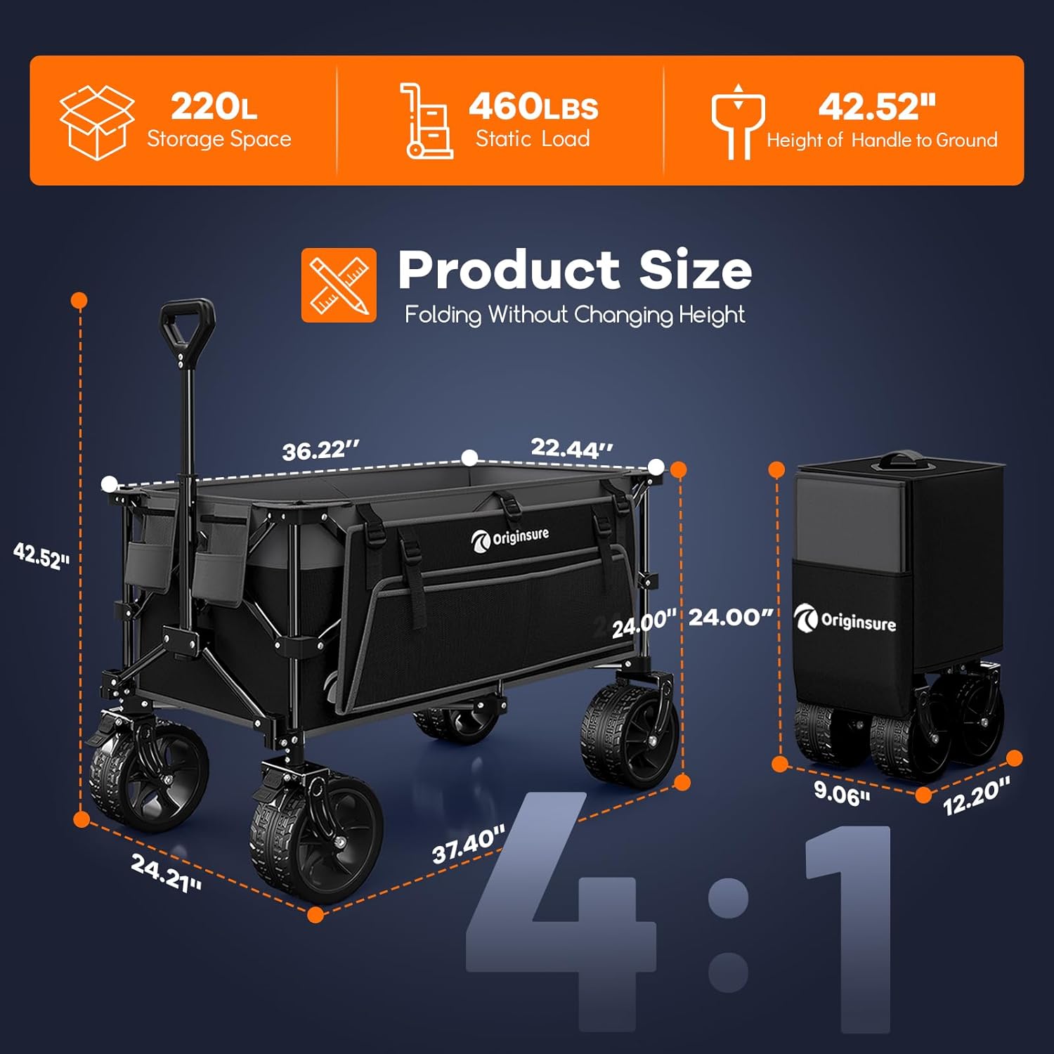 220L Collapsible Wagon Cart Foldable, 460lbs Load Capacity Heavy Duty Folding Beach Wagons with Big All-Terrain Wheels, Utility Carts for Groceries, Shopping, Camping, Sports - Grey&Black