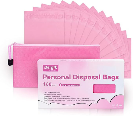 Diaper Disposable Bags, 160 Pcs Opaque Personal Disposal Bag, Secure Closure, Odor Control,Discreet Disposal for Diapers, Incontinence Pads, Tampons, Sanitary Product,With Purse Pouch, Pink