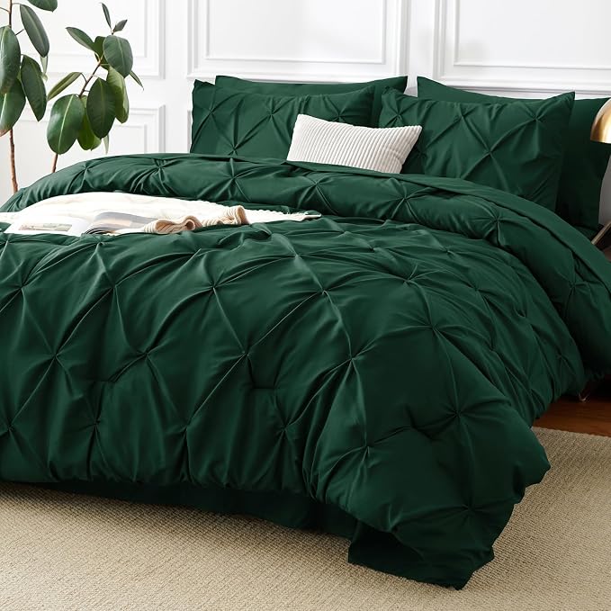 CozyLux Queen Comforter Set Emerald Green, 7 Pieces Pintuck Bed in A Bag by CozyLux