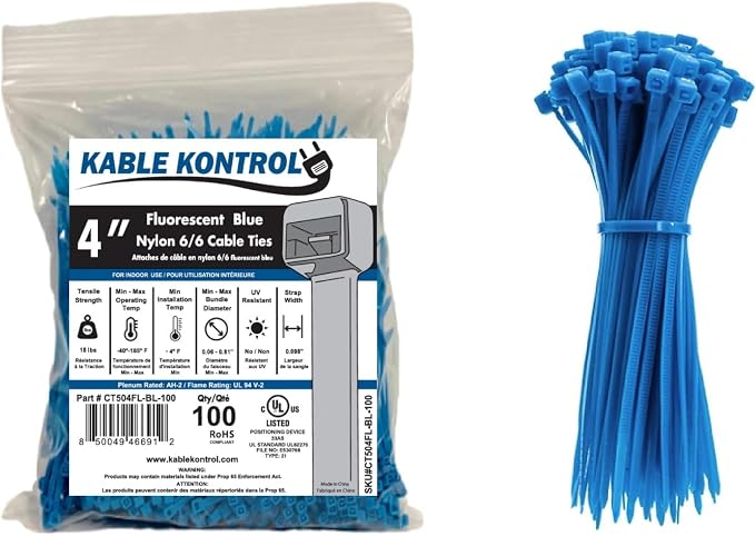 Kable Kontrol Fluorescent Blue Zip Ties 4 Inch 100 Pcs, 18 Lbs Tensile Strength by KABLEKONTROL%C2%AE