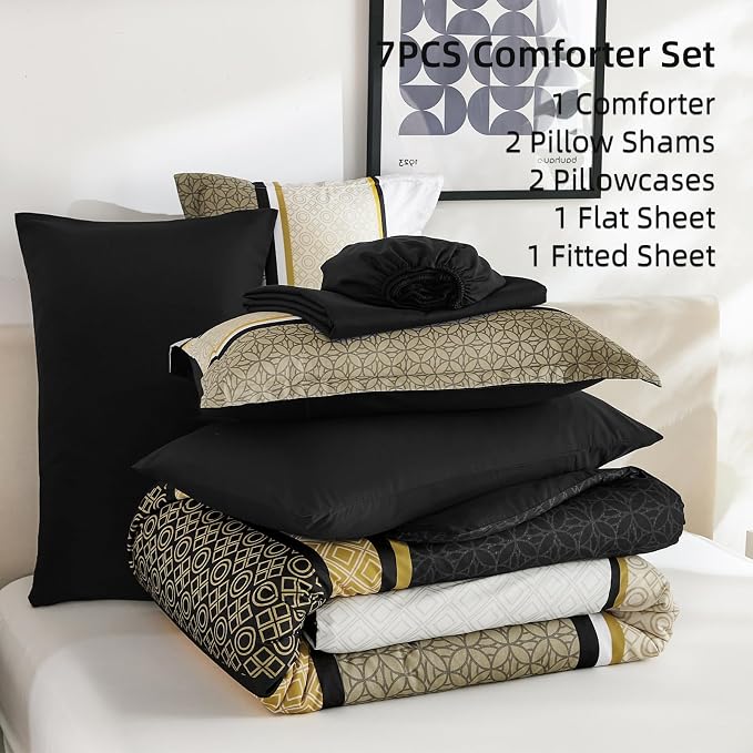 WONGS BEDDING Yellow Black Queen Comforter Set 7 Pieces, Boho Striped Bed in a - Image 6