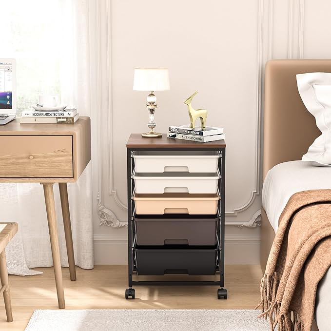 SYKIARIOL Utility Cart with 5 Drawers, Storage Drawer Cart with Wooden Tabletop - Image 2