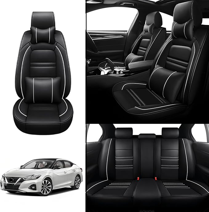 Car Seat Covers for Nissan Car Maxima 1999-2023 | 5-Seats Seat Covers, Waterproof Seat Protectors, Automotive Seat Covers (Full Set with Pillow,Black&White Line)