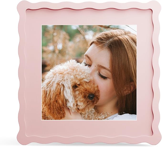 10x10 Picture Frame with Mat for 8x8, Wavy Edge Wooden Real Glass Photo Frame by THKRLOF