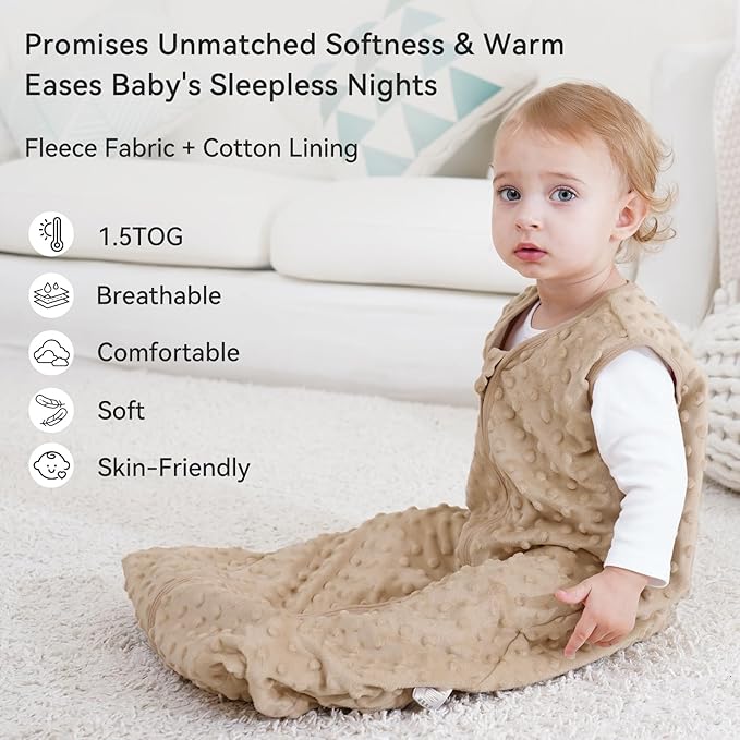 Fleece Baby Sleep Sack 6-12 Months with Plush Dots 1.5 Tog Baby Wearable Blanket with 2-Way Zipper Warm Sleeping Sack for Toddler Infant Newborn - Medium, Coffee