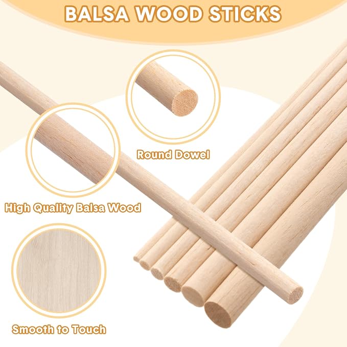 215 Pieces Balsa Wood Sticks Wooden Dowel Rods 1/8, 1/2 Inch Round Hardwood - Image 3