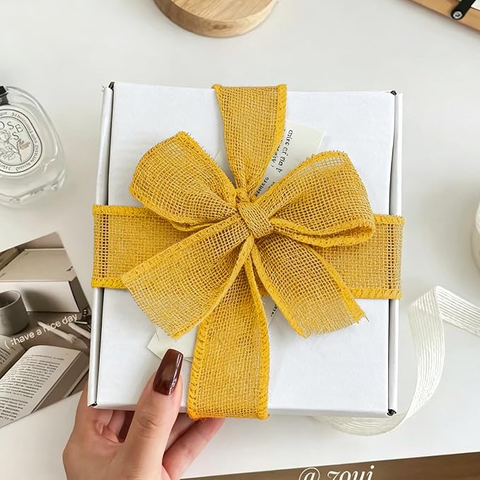 Gold Yellow Burlap Ribbon 1-1/2 in X 10 Yard Yellow Wired Ribbon | Natural - Image 4