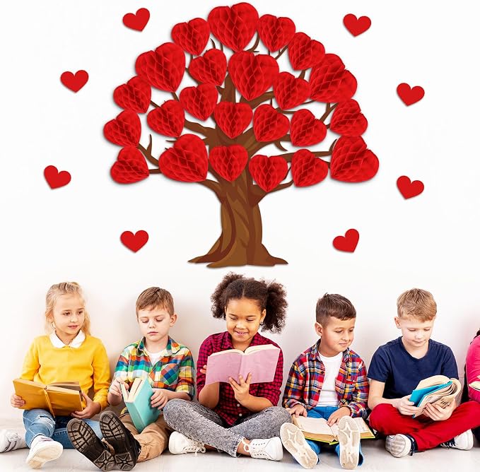 JarThenaAMCS 50Pcs Valentine' s Day Tree Bulletin Board Set 3D Heart Honeycomb - Image 6