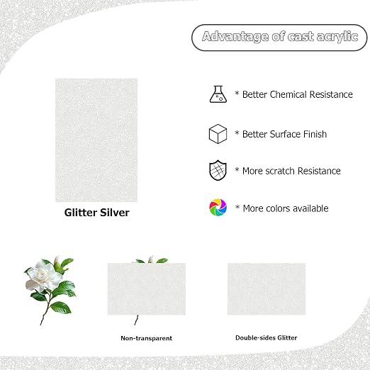 2 Pack 8'' x 12'' Glitter Silver Acrylic Sheet, 3mm Thick Acrylic Plexiglass - Image 5