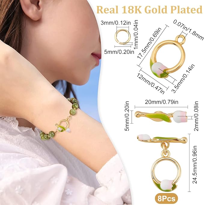 Beebeecraft 8 Sets Toggle Clasps Enamel 18K Gold Plated Brass Flower Bracelet - Image 2