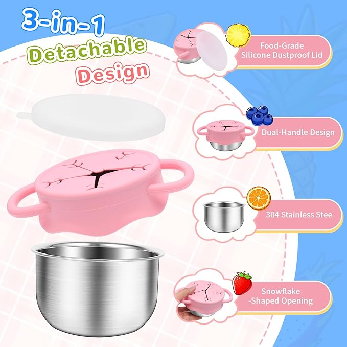 2 Pack Toddler Snack Containers –13.5oz Food Grade Stainless Steel Snack Cups for Toddlers Spill Proof with Snowflake Silicone Lids & Handles, Baby Snack Containers, Dishwasher Safe Toddler Snack Cups