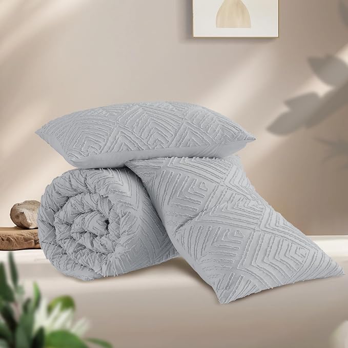 Andency Light Grey King Size Comforter Set, 3 Pieces Boho Bedding Set & - Image 3