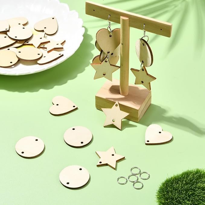 180 pcs 3 Styles Heart Star Theme Unfinished Wood Cutout Charms Flat Round - Image 6