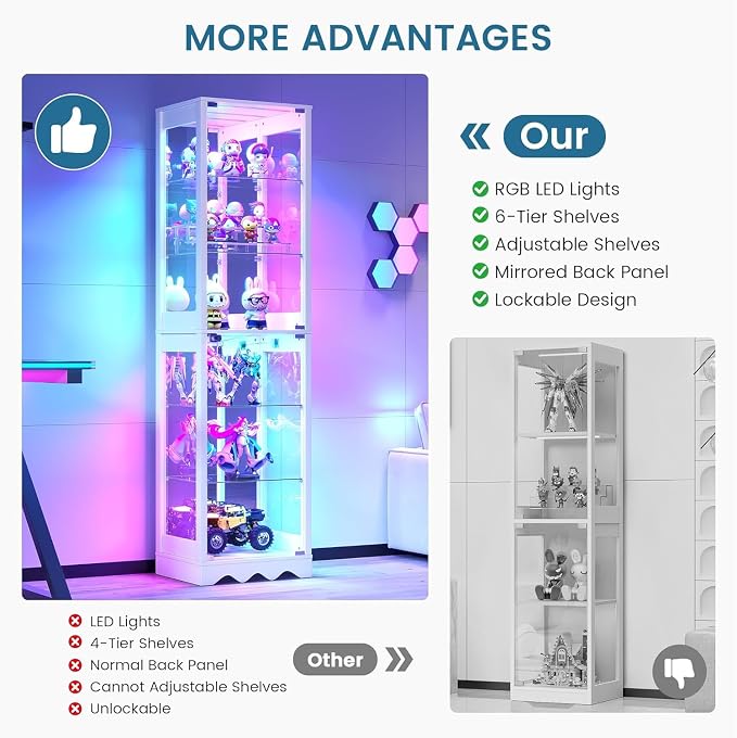 Dystler Display Cabinet with Glass Doors, 6 Tier RGB Lights Curio Cabinet | - Image 7