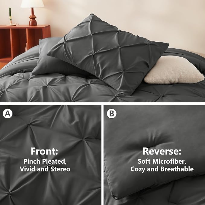 CozyLux Twin XL Comforter Set Dark Grey, 5 Pieces Twin Extra Long Pintuck Bed - Image 3
